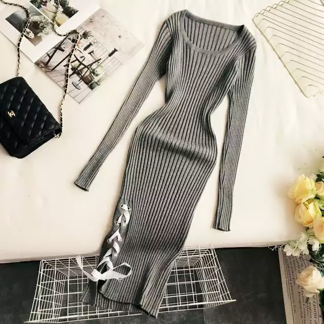 サイドスリット編み上げリボンワンピース グレー Happylily