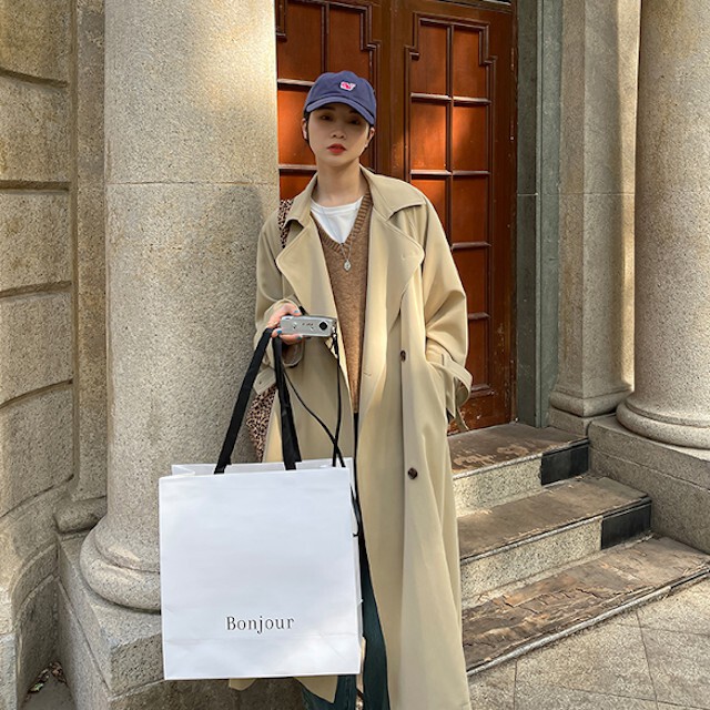 全2色 レディース トレンチコート スプリングコート ミドル丈 オーバーサイズ ルーズシルエット ベージュ グレー S M L Favoriteselect