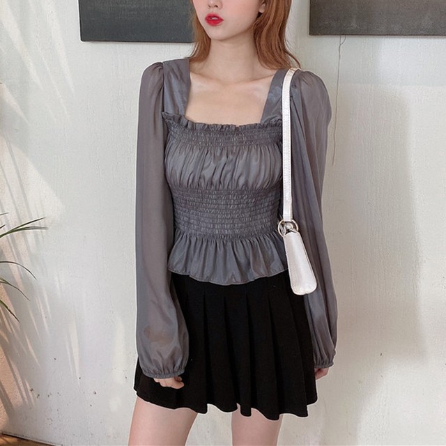 ショート丈トップス トップス2点セット シャツブラウス シフォンブラウス チューブトップ付き パフスリーブ 長袖ブラウス ネット通販 購入 激安 10代 代 30代 40代 春 夏 秋 Roprot ロプロット ファッション レディースアパレル販売 ギフトショップ