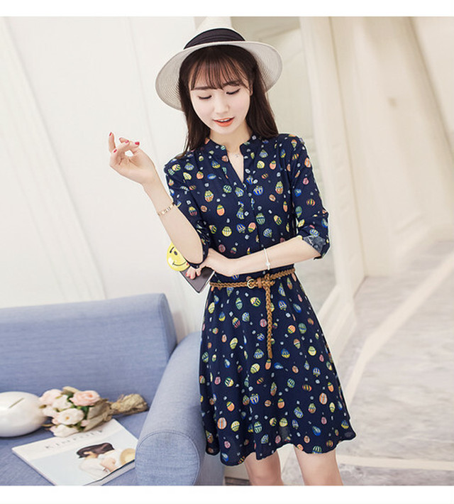 被らない 気球デザイン ノーカラー七分袖フレアイラスト柄ワンピース Yumi Shop