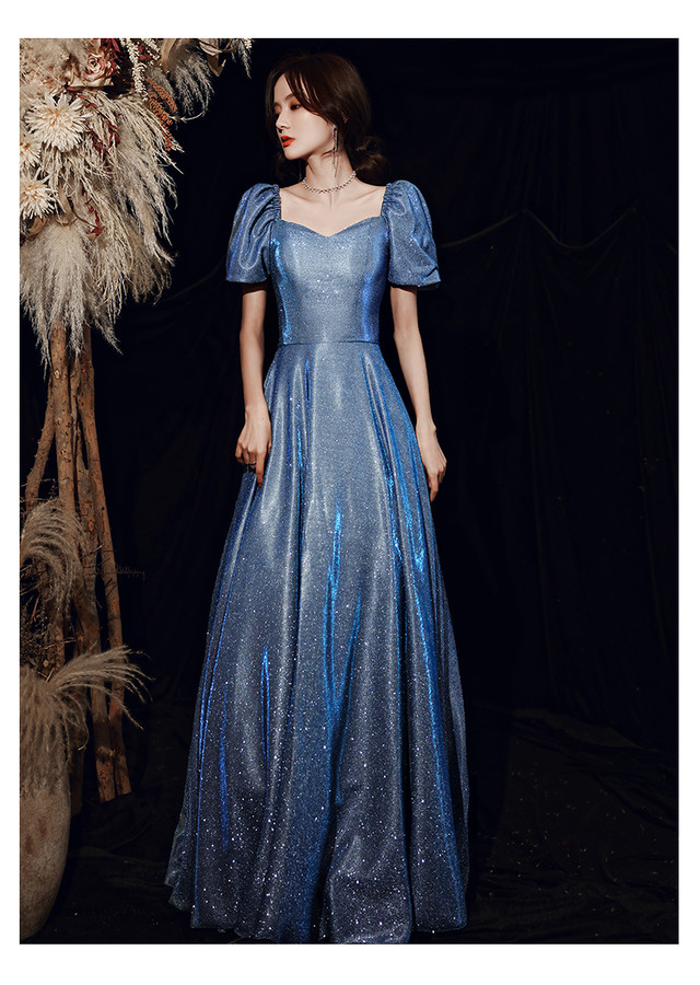 上品 パーティードレス 青 オフショル キラキラチュール プリンセスライン ロングドレス エレガント 豪華 シアーな美しさ Ynswedding23