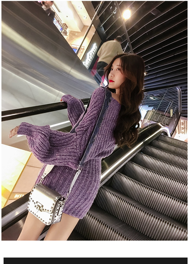 秋冬 ニットワンピース バルーンスリーブ セクシー 厚手 肩出しニット O2540 Arroser