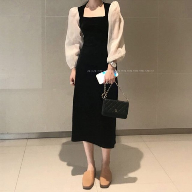 シャツドッキング ビスチェワンピース シャツワンピース パフスリーブ きれいめ おしゃれ ロング 春 長袖 卒業式 かわいい お出かけ 通勤 大きいサイズ 黒 Hr737 Raxia ラクシア