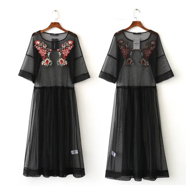 ワンピース ロング 七分袖 Uネック シースルー 花柄 ワンピース 春夏 韓国レディース キッズファッション Londonbridge ロンドンブリッジ