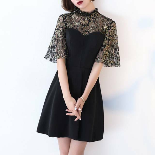 ワンピース ミニ丈 半袖 大きいサイズフレアスリーブ 黒 無地 花柄 フェミニン 結婚式 二次会 お呼ばれ パーティyi781 Valentina210