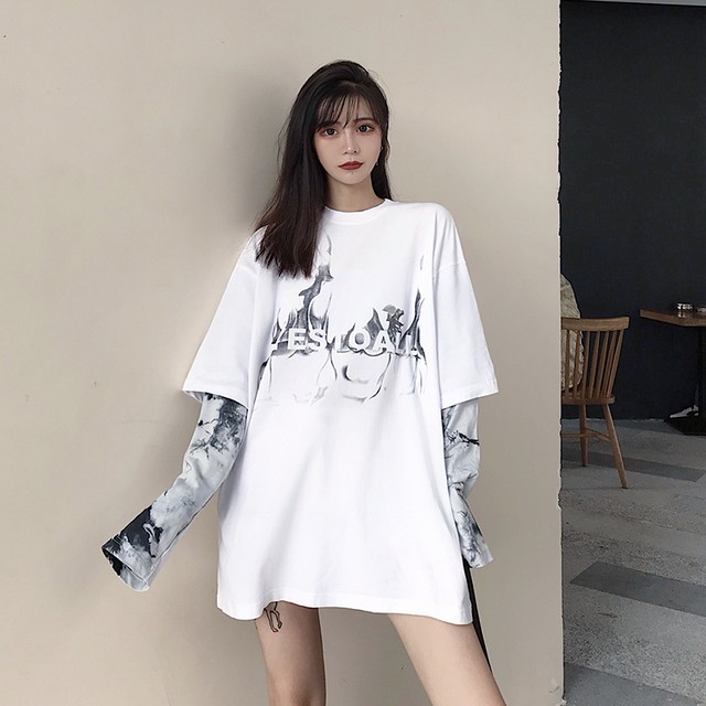 フェイク トップス レディース 秋物 ファッション ダーク プリント ルーズ カジュアル 長袖 学生 Deshon