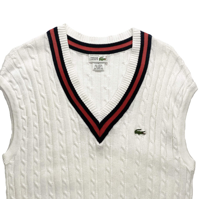 80s フランス製 ヴィンテージ Chemise Lacoste フレンチラコステ ケーブル編み コットン チルデンニットベスト メンズl C1142 古着屋icecream