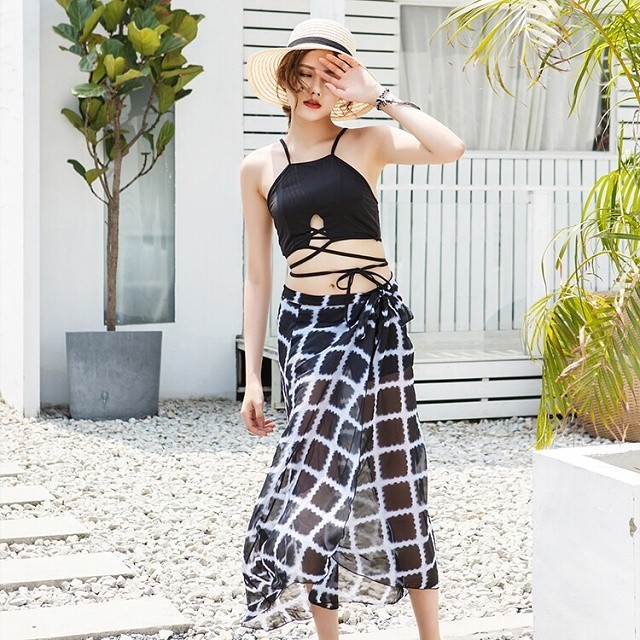 即納 水着 パレオ付き 3点セット タンキニ ビキニ ハイウエスト ショートパンツ セクシー レディース 黒 ブラック イエロー Ns 0097 Daily Closet