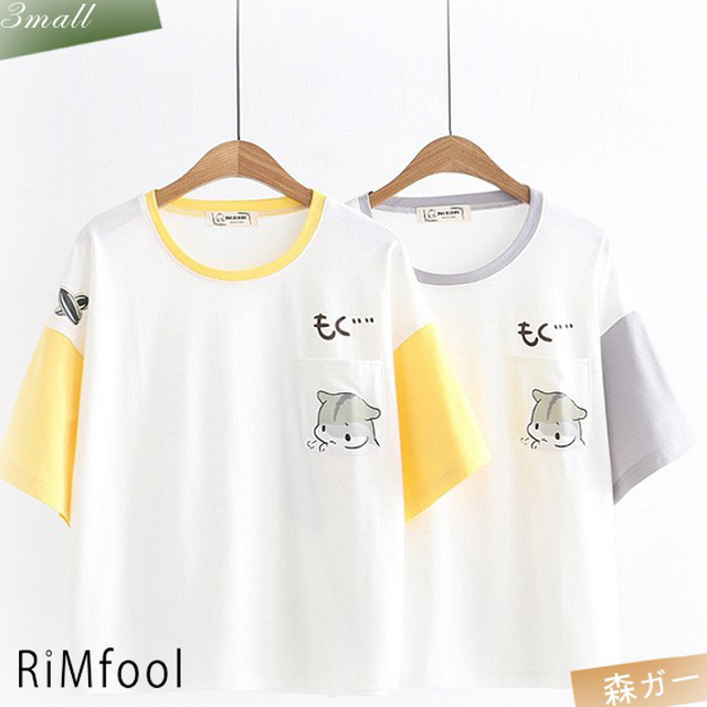 森ガール レディース トップス 夏 ハムスター プリント 半袖 Tシャツ カジュアル カワイイ ゆったり Rimfool