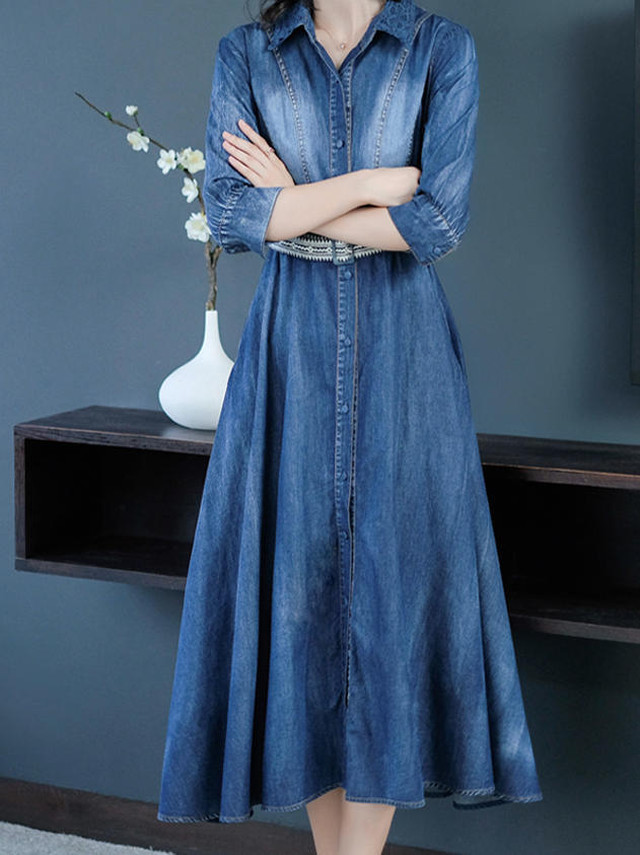 送料無料 ワンピース 長袖 きれいめ ハイウエスト フレア Aライン 大きいサイズ ゆったり 無地 カジュアル 大人 上品 30代 40代 50代 ブルー By 400 Imagibune