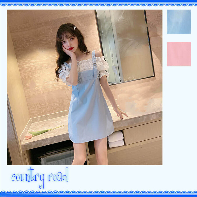 ミニワンピース オフショルダー ドッキング フェミニン ブルー ピンク パステルカラー サスペンダー ミニ 無地 膝丈 Iライン 春 夏 秋 大人女子 大人可愛い 上品 きれいめ モード レトロ ヴィンテージ クラシック シンプル ラフ ナチュラル お出かけ ベーシック トレンド