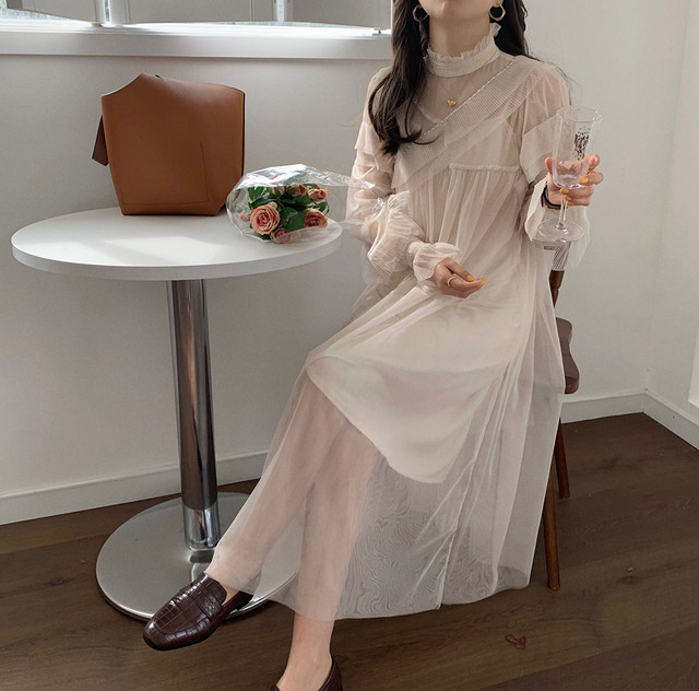 シアー素材ワンピース ハイネック 長袖 ロング丈 透け感 春夏秋 大人かわいい フェミニン おしゃれ 休日コーデ クラシカル Op0548 Natuliria ナチュリリア