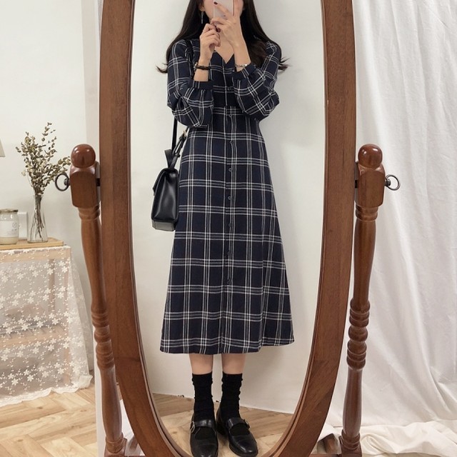 チェック ワンピース 秋冬 レディース Vネック シャツワンピース 韓国 ファッション レディース ノーカラー フレア ロングワンピース タータンチェック ワンピ ベージュ ネイビー チェック柄ワンピース Vestito