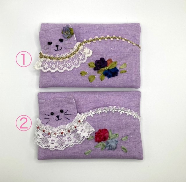 ポケットティッシュケース リボン刺繍 Chamiry ねこの隠れ里 チャリティショップ