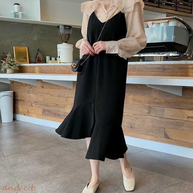 ブラウス キャミワンピ ツーピース シフォン ひざ下丈 フリル襟 バルーンスリーブ 裾フリル 無地 ゆったり ドッキングワンピース 大人かわいい 秋冬 デート レイヤード And C T アンドシーティー 大人可愛い トレンド専門店