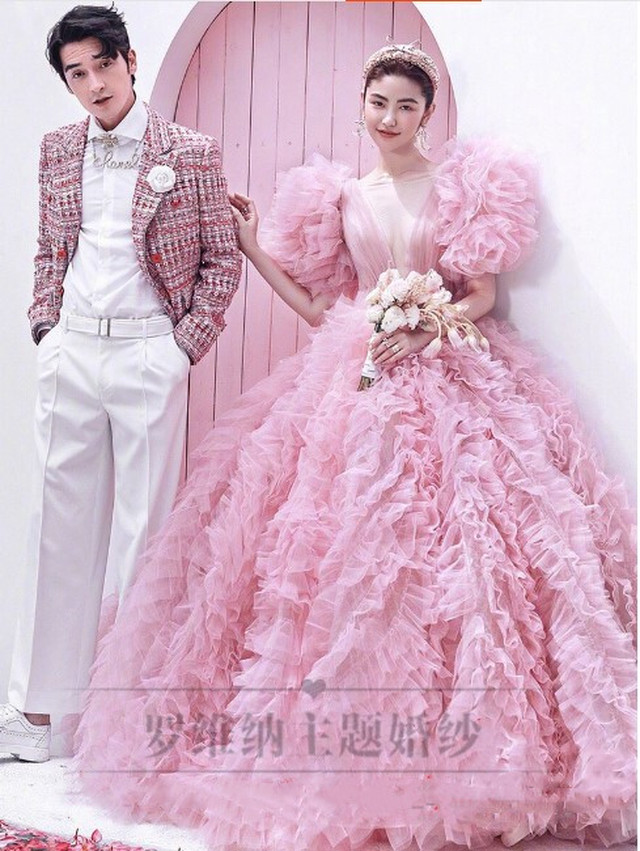 上品 カラードレス ピンク ロング フレアスカート パフスリーブ 可愛い 編み上げ 細見えシルエット Cinderelladress