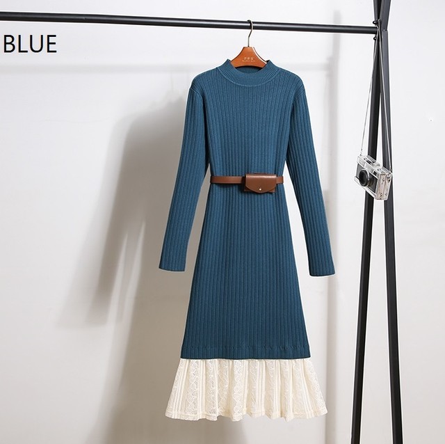 送料無料 3色 春コーデ ベルトポーチ付き ワンピース レイヤードスタイル ドッキングデザイン 異素材ミックス 配色 ハイウエスト バック レースデザイン ニットワンピース 裾レース レーススカート 長袖ワンピース ハイネック リブニット ミモレ丈 ロング丈 ドッキング