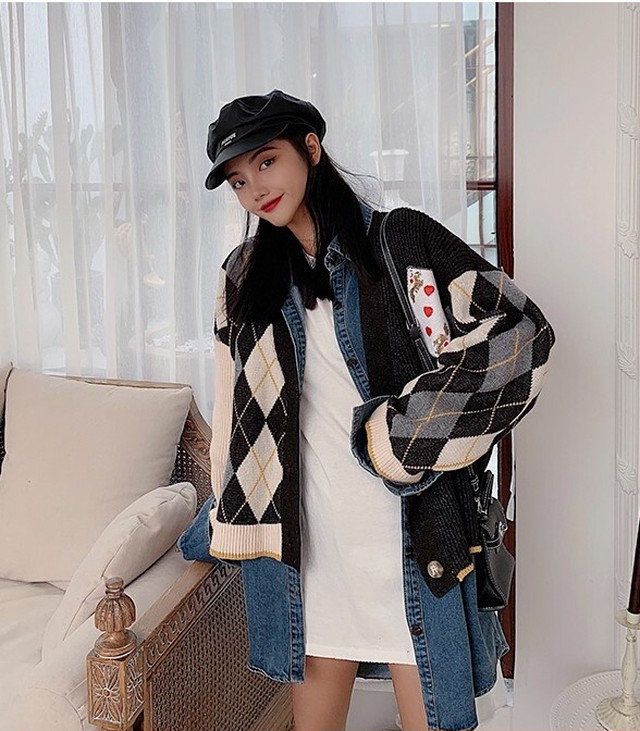 異素材mix デニムジャケット ロング丈 ゆったり ニットカーディガン 派手 個性派 古着 プリント 長袖 ドッキング アウター 羽織り レディース Ptnym2674 Shop Suba