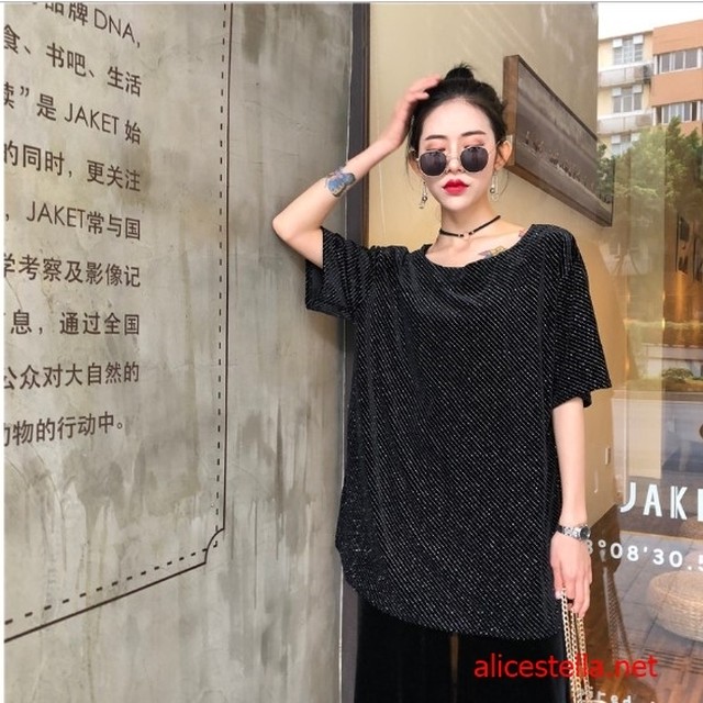 レディース ロング Tシャツ ストライプ 光沢 夏 半袖 O ネック 韓国 韓国ファッション Ty Alicestella