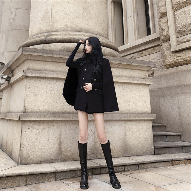 ポンチョ レディース アウター コート レトロ ブラック ブリティッシュ 英国風 ボタン ポンチョ ワンピース風 通勤 通学 秋新作 秋服 韓国 ファッション レディース 大きいサイズ オルチャンファッション オルチャン ファッション レディース Ncho
