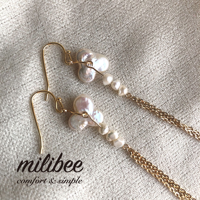 幸運の三つ葉 三つ玉真珠ピアス 淡水パール Milibee 幸運の三つ葉 三つ玉真珠ピアス 淡水パール Milibee
