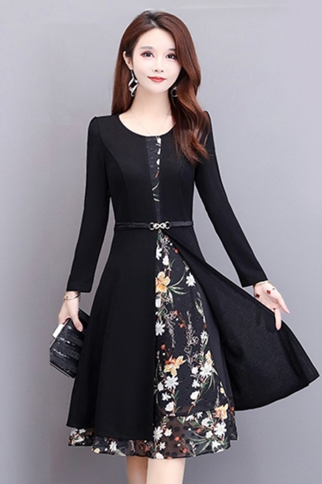 40代のレディースファッション きれいめワンピ 大きいサイズのレディースファッション 膝丈ワンピース フレアワンピース お呼ばれワンピース 長袖 K0710 Shopmall To You