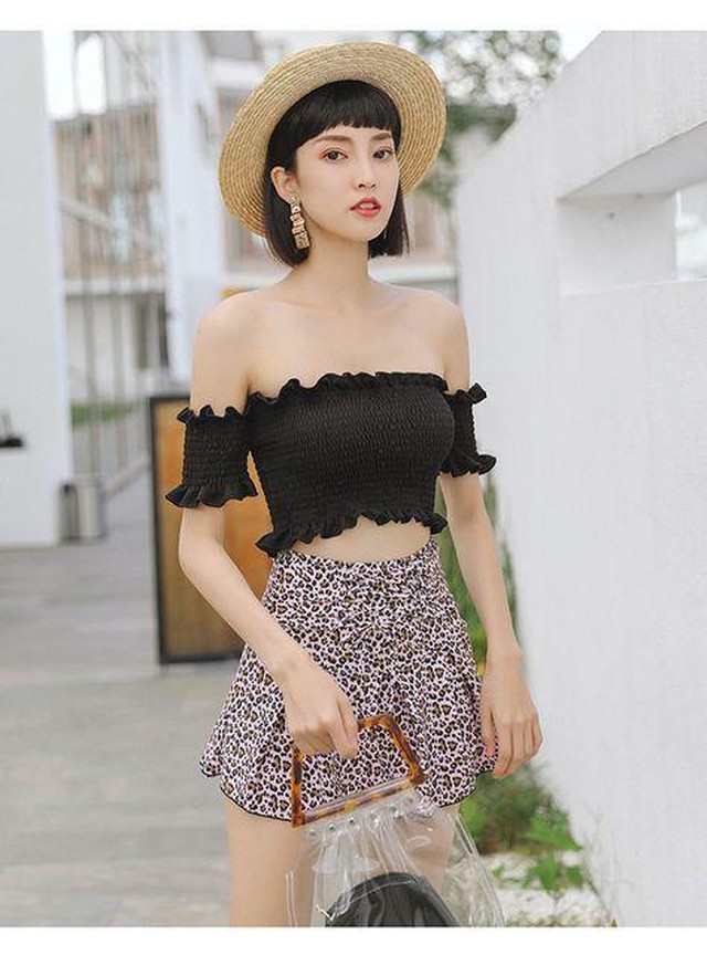 かわいい タンキニ水着 ヒョウ柄 セクシー 韓国水着 ハイウエスト ショートパンツ オフショルダー 体型カバー リゾート 海 ビーチ 黒 ブラック 韓国アパレル 通販サイト ネットショップ Amour