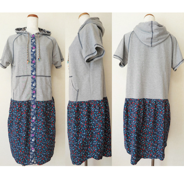 シャツワンピース 再値下げ 当店オリジナルmaple Sugar フード付き 杢グレー カットソー 花柄 半袖 レイヤード に最適 かわいいボタン付 カラフルな紐付き リメイク風 古着風 Walnuts