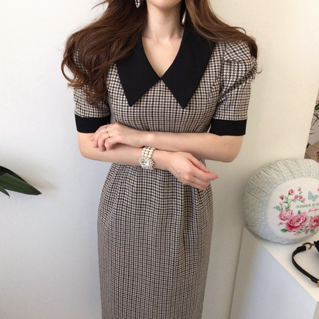 グレンチェックミモレ丈襟付きワンピース カジュアル デート お出かけ 普段着 韓国 海外 ワンピース 襟 袖付き 五分袖 ブラウン タイト スリム ハイウエスト ミモレ丈 膝丈 膝下 ロング丈 シンプル 大人 上品 買付商品 Lusula グレンチェックミモレ丈襟付きワンピース カジュアル デート お出かけ 普段着 韓国 海外 ワンピース 襟 袖付き 五分袖 ブラウン タイト スリム ハイウエスト ミモレ丈 膝丈 膝下 ロング丈 シンプル 大人 上品 買付商品 Lusula