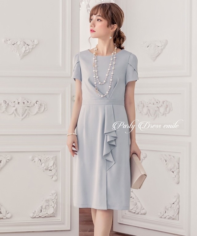 即日配送 送料無料 パーティードレス ドレス ワンピース お呼ばれドレス ミディアムドレス チューリップ袖 袖有り 膝丈 ハイウェスト 着痩せ 結婚式 二次会 披露宴 謝恩会 パーティ パーティー ブライダル レディース 代 30代 40代 大きいサイズ お呼ばれ Emd0042 4424d