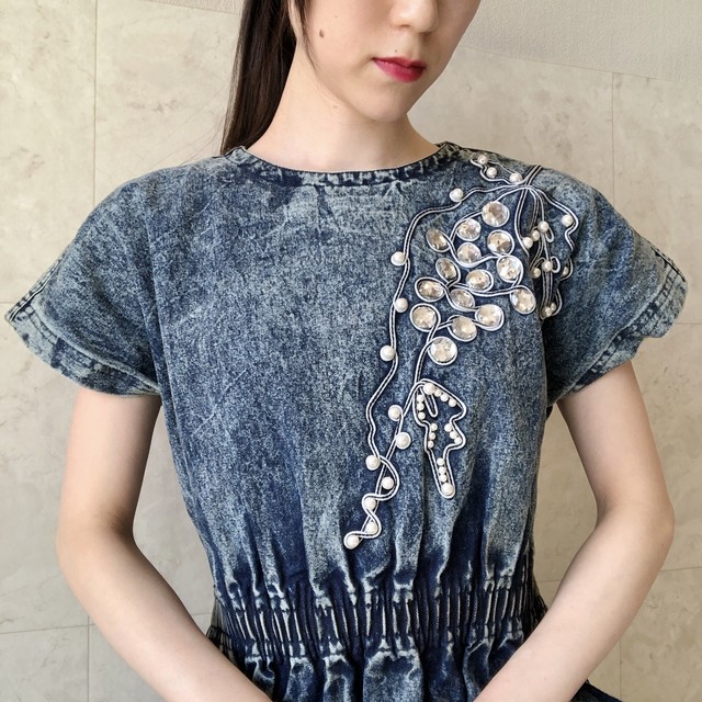 045 Vintage Denim One Piece Dress デニムビジュー付きワンピース Dramas