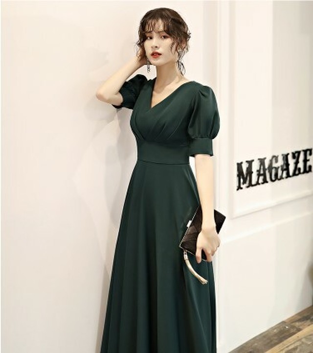 エレガント イブニングドレス 光沢サテン エンパイアライン 細見えシルエット ロングワンピース Ynswedding23