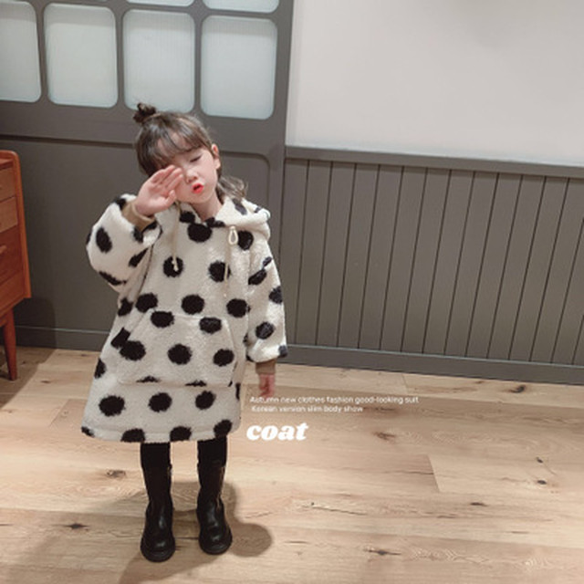 女の子 ドット ボア フード パーカー ロング ワンピース 可愛い 秋 冬 人気 Dyh海外子供用品
