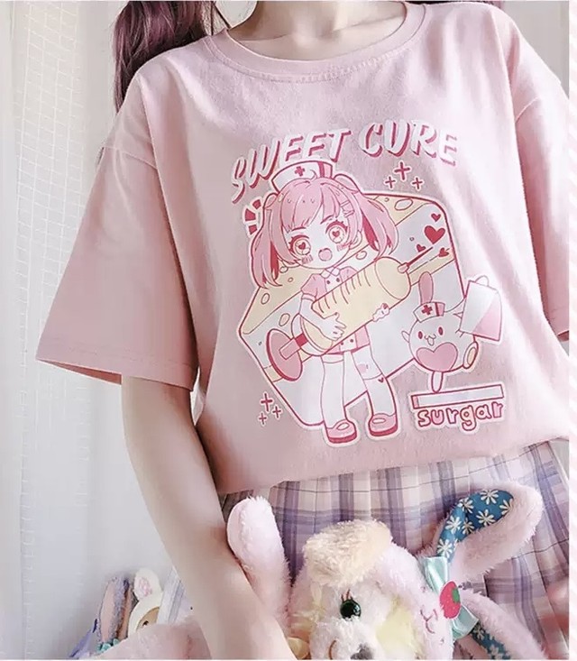 Top Mode トップス Tシャツ ピンク スウィート ラフ ルーズ オーバーサイズ 半袖 ナース 女の子 うさぎ ケーキ ゆるかわ 病みかわいい ゆめかわいい ラブリー キュート 夏 普段使い Z107 Top Mode