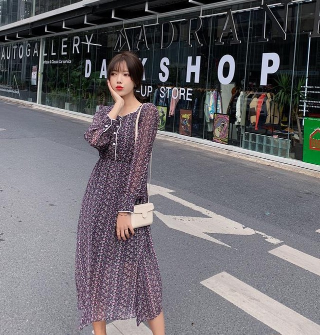 花柄ワンピース フラワープリント パープル T10 Nineteen