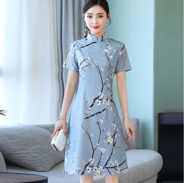 チャイナドレス ワンピース 花柄 半袖 ひざ丈 チャイナ服 普段着 衣装 民族 中国風 Zs119 チャイナ服専門店chai