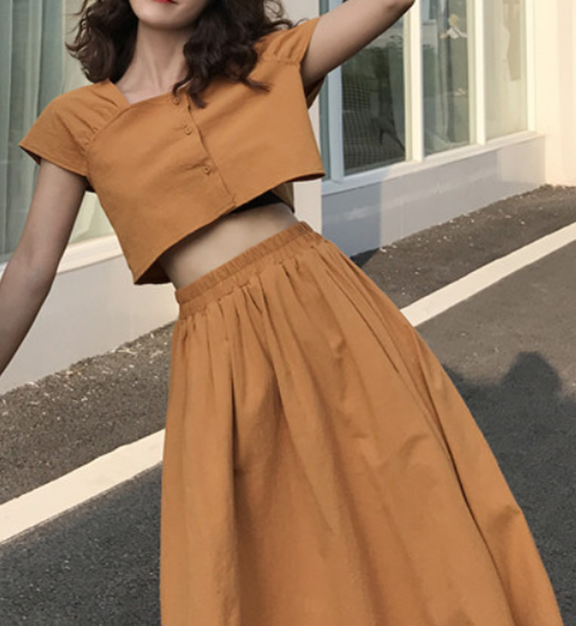 セットアップ レディース 半袖 プリーツスカート 脚長効果 ロング丈 デコルテ Aライン ハイウエスト へそ出し 無地 通勤 春 夏 ２点セット 恥骨bornブリリアント