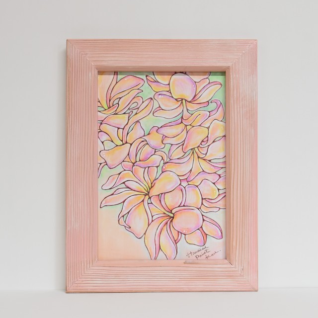 Wood Print Art Plumeria ピンクフレーム付き Hawaiianpaintkan Webshop