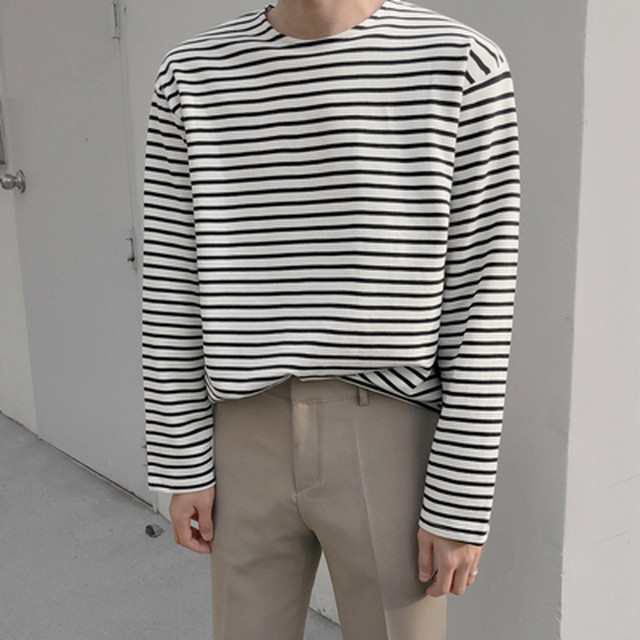 モノクロ ボーダー ラウンドネック 長袖 Tシャツ ロンt Bigシルエット カジュアル ストリート インナー ゆったり メンズ 取寄 発送目安14 21日営業日 Laff Store For Men ショップ情報 配送スケジュールを必ずご確認下さい