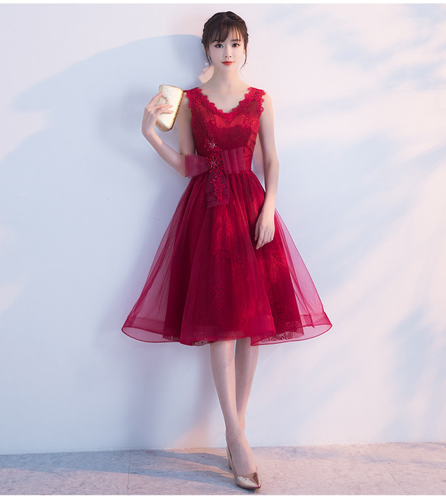 赤 ワインレッド パーティードレス 膝丈 Vネック 編み上げ式 上品リボン Ynswedding23