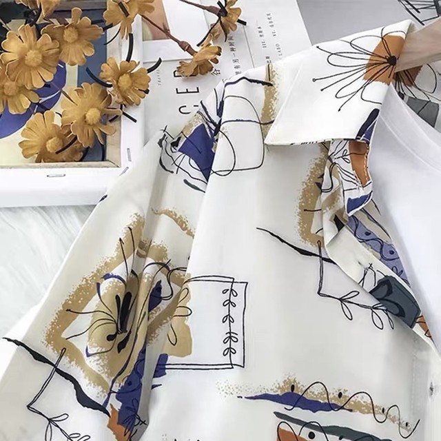 レトロ オシャレ カジュアル Poloネック 長袖 花柄 カラーブロック 大きめ 着痩せ ブラウス トップス 75shops