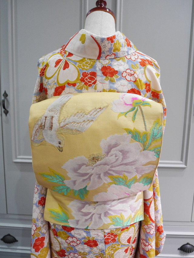 イエローに鳥と牡丹柄アンティーク名古屋帯 Kimono Tento