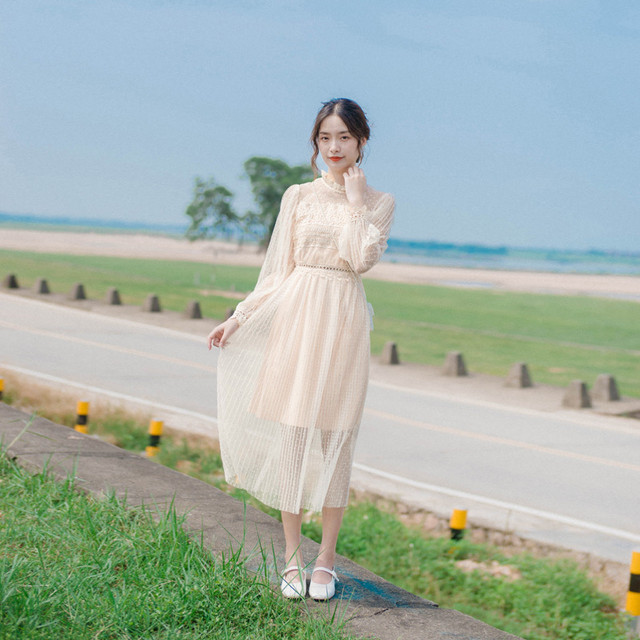 ワンピース フリル レース メッシュ ギャザー ロング ハイウエスト レトロ スタンドカラー Aライン 無地 フェミニン Select Shop Skry スクリー