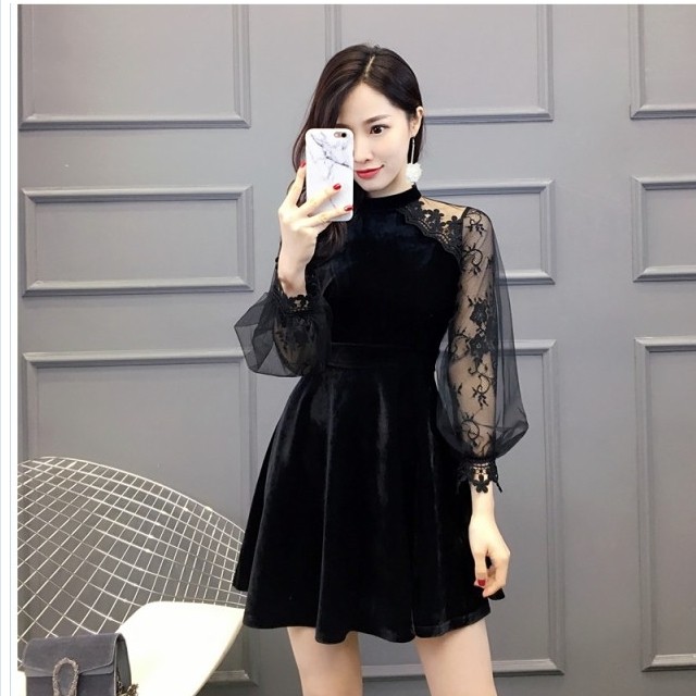 ゆるふわワンピース ミニドレス 結婚式 パーティードレス 二次会 ミニ ドレス ワンピース 長袖 レース ゴシック ベルベット 大きいサイズ Basecamp49