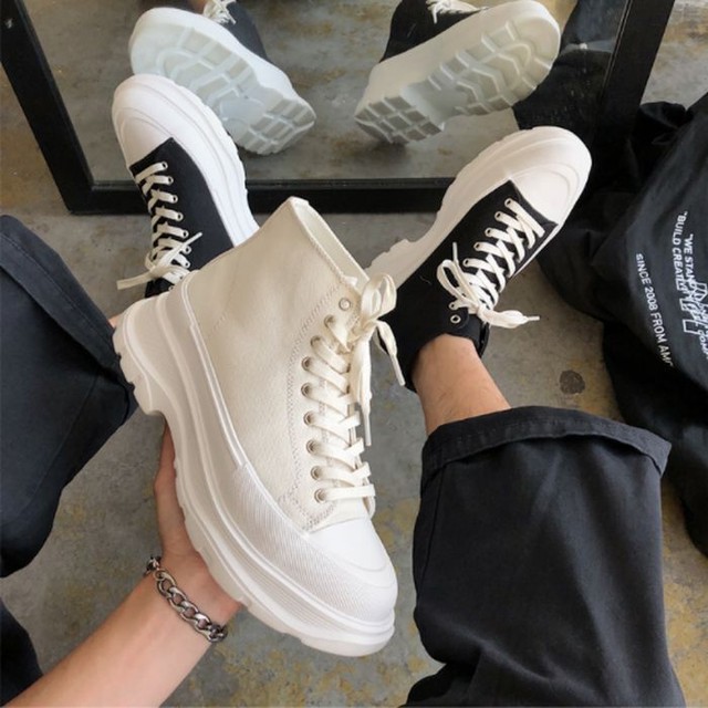 ハイカットスニーカー レースアップ 厚底 バイカラー ブラック 黒 ホワイト 白 メンズ レディース ユニセックス 韓国 カジュアル お支払い後日以内に発送 Sho011 Garcons