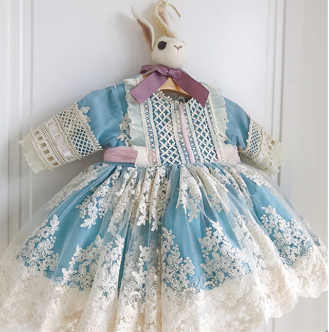 刺繍 ブルー 女の子 ベビー キッズ 子供服 ドレス ロリータ プリンセス Wedding Party Blue One Piece Dress Girl Kids Baby Antoinette
