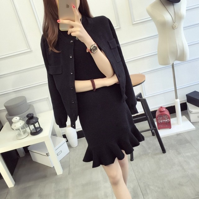 セットアップ 2ピース ニット ワンピース 無地 ミニ丈 ノースリーブ アウター カーディガン トップス レディライク ピンク グレー ブラック ブルー 可愛い お出かけ シンプル 韓国 韓国ファッション オルチャン オルチャンファッション P1096 Korean Select 韓国