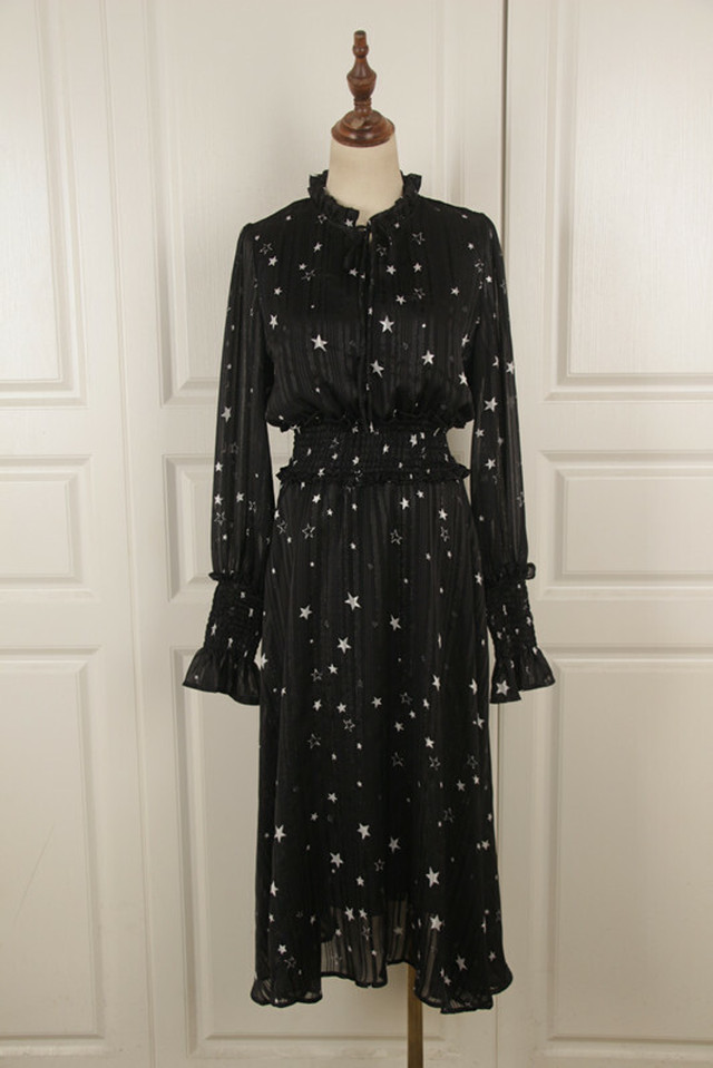 星柄 ワンピース レディース 長袖 ミモレ丈 ドレス ロングワンピース 可愛い リボン レース トップス 透け感 シースルー ワンピース 大きいサイズ 大人女子 体型カバー 通勤 通学 オフィスカジュアル デート 秋新作 Ncho