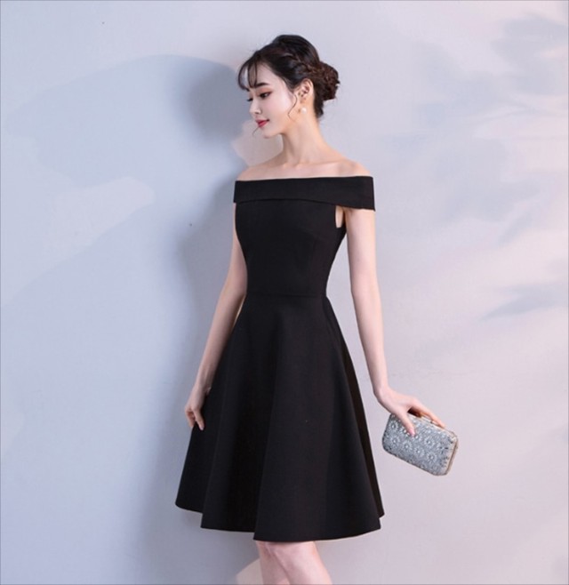 国内即納 即日配送 パーティードレス お呼ばれ 他と被らない ブラック シンプル オフショルダー ミニ フレア ワンピース ワンピ フォーマル カラードレス 代 30代 40代 ドレス 成人式 2次会 花嫁 キャバ 結婚式 ゲストドレス Aライン レディース セクシー お嬢様 発表