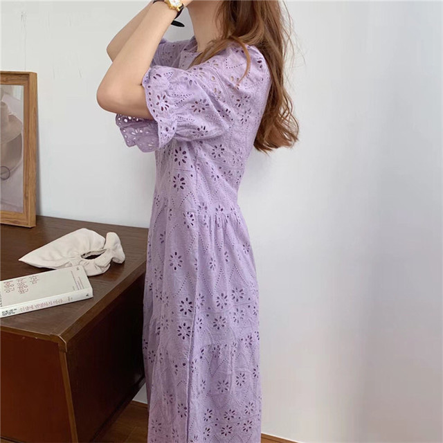 2色 レース ワンピース ロング丈 ベージュ パープル レディース ファッション 韓国 オルチャン Cocotown